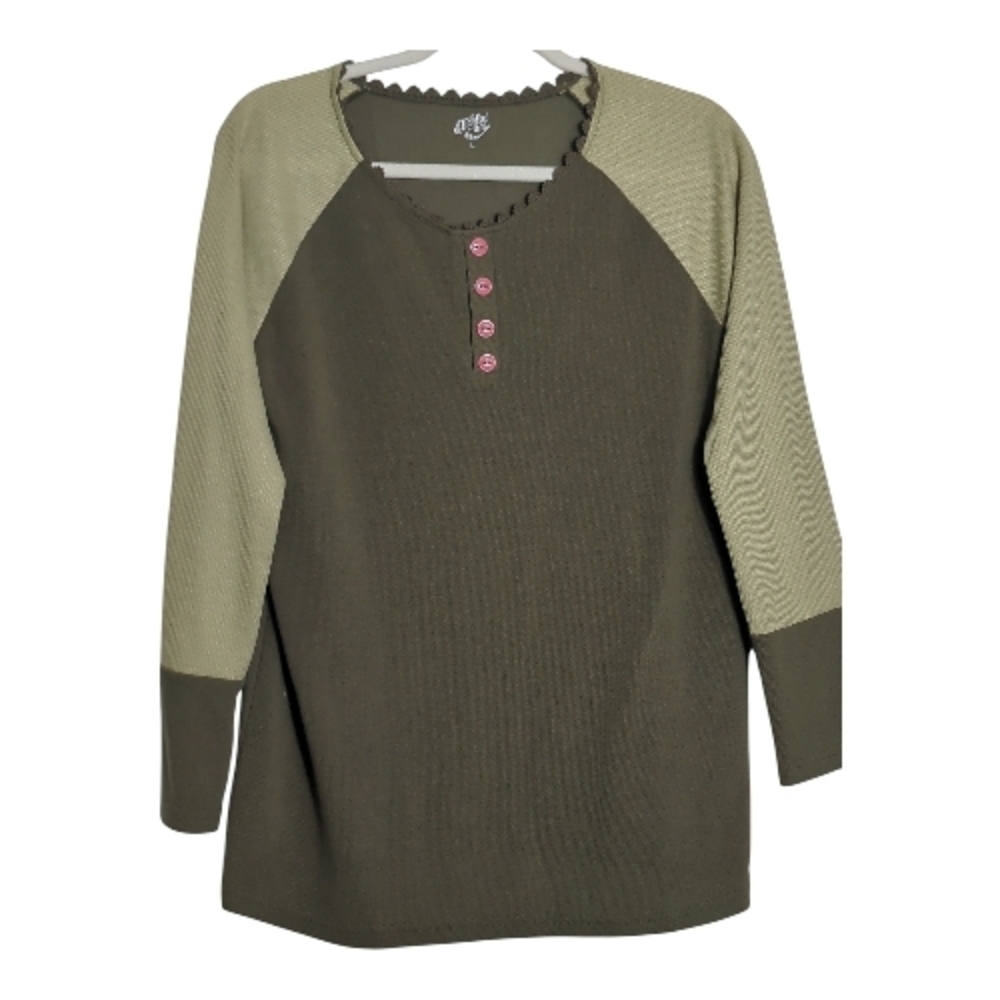 Tickled Teal Large Green Colorblock Waffle Knit Top Cabincore Rustic Gorpcore